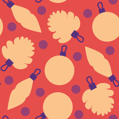 Seamless vector christmas  pattern with yellow ornaments and decorations on red background with purple circles. Could be used as wallpaper, texture, print, fabric.