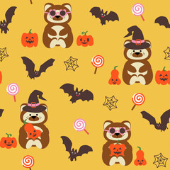Seamless vector pattern with funky bears and bats and halloween ornaments on yellow background. Could be used as wallpaper, texture, print, fabric. 