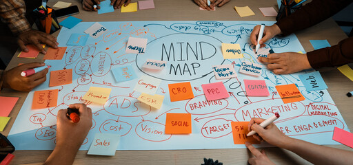 A group of diverse individuals engages in a dynamic brainstorming session, using colorful sticky notes and markers to create a detailed mind map on a wooden table. SACTR