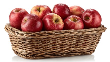 Rustic wicker basket filled with fresh red apples isolated on pure white background