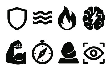 Brutalist Icon Set. Resilient Mind silhouette icon set. shield, wave pattern, flame icon, brain lightning, strength arm, compass, rock base, focus eye