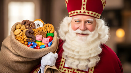 Obraz premium Portrait of a smiling Saint Nicholas (Sinterklaas) holding a burlap sack filled with Dutch sweets and cookies for the Sinterklaas holiday.