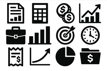 Brutalist Finance Icons. Financial Quarter silhouette icon set. report sheet, calculator, dollar coins, line chart, briefcase, bar graph, goal board, clock, receipt, profit curve
