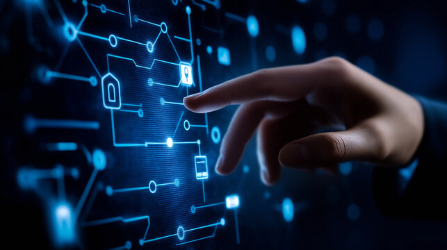 Businessman interacting with access management frameworks in a futuristic digital interface during a corporate meeting