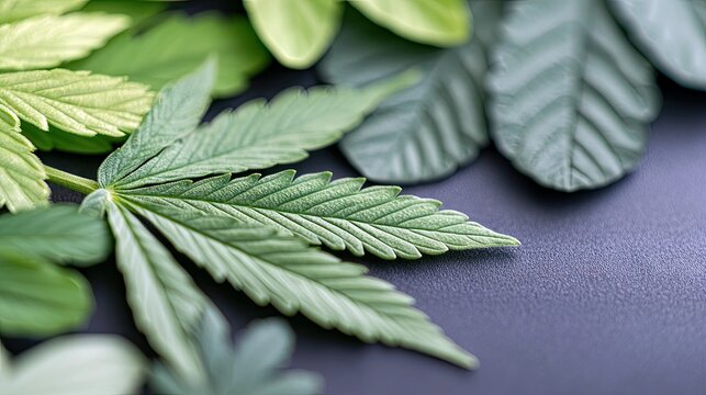 Close-up of fresh green cannabis leaves arranged on a dark surface, showcasing natural textures and details.