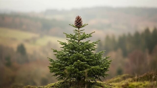 A solitary evergreen sapling stands proudly on a mossy mound, crowned with a large, rustic pinecone atop its highest point. The vibrant green needles contrast beautifully with the softly blurred, eart