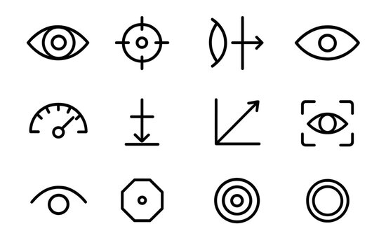 Optical Icon Array. Optical Insight Pack linear icon set: iris shape, focal point, lens curve, visual path, sharpness gauge, depth marker, light entry line, viewpoint frame, seeing