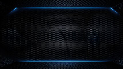 Deep matte black titanium texture with geometric micro grid pattern, thin luminous blue lines forming a soft frame, large empty center area, premium