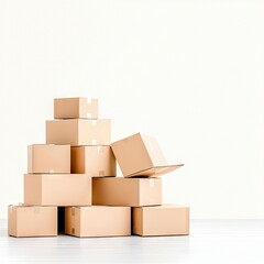 Obraz premium A stack of cardboard boxes arranged in a pyramid shape against a plain white background. The boxes are various sizes and shapes, with one open. The scene is bri