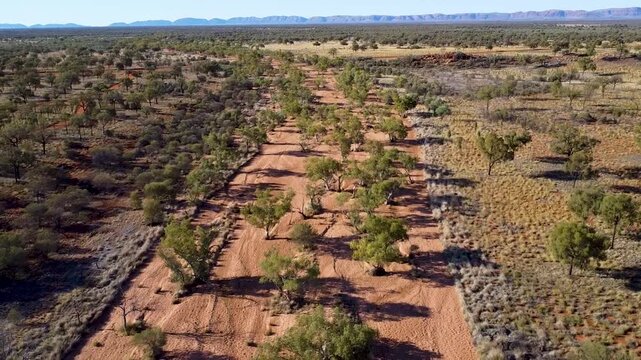 Flying along a dried out riverbed in the Australian outback, Western Australia