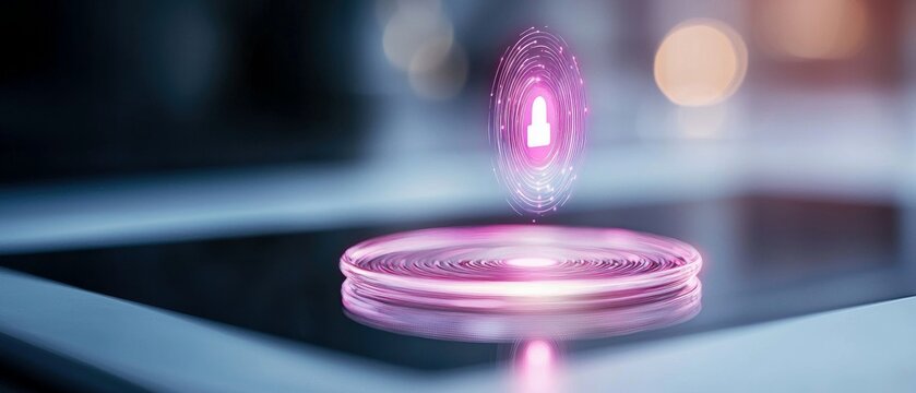 A futuristic digital security concept with a holographic display of a lock symbol hovering above a tablet, illuminated with pink light.