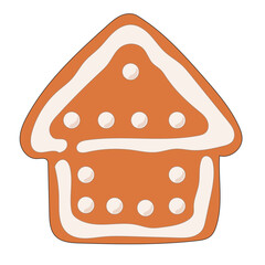 Christmas Gingerbread Cookie Icon. Santa House Sweet  Icing Baked Holiday Symbol. Happy New Year Family Party Snack. Greeting Card Design Element. Vintage Gift Biscuit Art