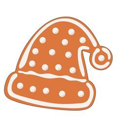 Christmas Gingerbread Cookie Icon. Santa Hat Sweet  Icing Baked Holiday Symbol. Happy New Year Family Party Snack. Greeting Card Design Element. Vintage Gift Biscuit Art