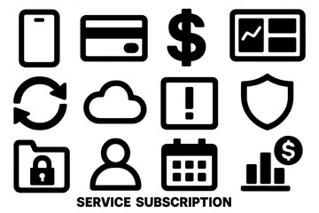 Bold Subscription Icons. Service Subscription silhouette icon set: smartphone screen, credit card, dollar icon, dashboard panel, renewal arrows, cloud icon, alert popup, shield