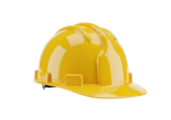 Shiny yellow hard hat isolated on a transparent background for safety equipment