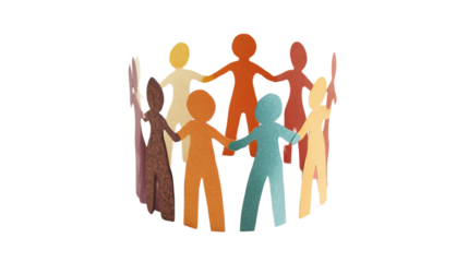 Paper chain people holding hands in circle on transparent background