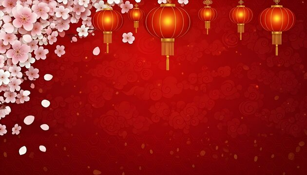 Cherry Blossom Lanterns on Festive Red. A vibrant red backdrop adorned with five ornate Chinese lanterns and blooming cherry blossoms—perfect for Lunar New Year or festival-themed designs. 