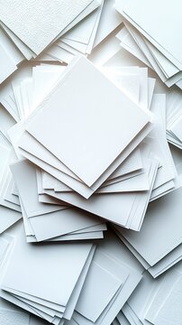 Overhead view of a pile of white square papers with different textured surfaces, illuminated by bright lighting.