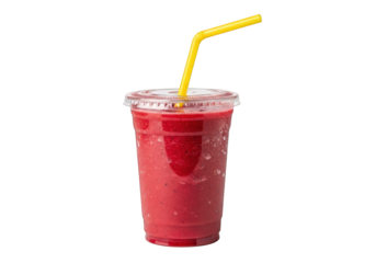 Refreshing red fruit smoothie in clear cup with straw on transparent background