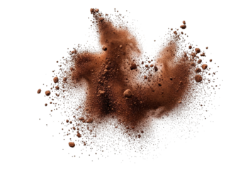 Explosion of brown cocoa powder with large and small particles flying around