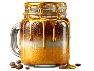 Indulge in a caramel latte delight, adorned with golden honey, perfect for a refreshing beverage break, relaxation, and pure coffee bliss moments