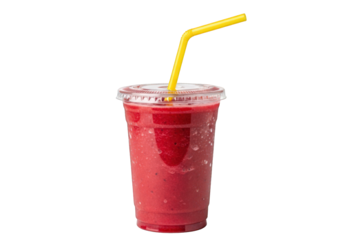 Refreshing red fruit smoothie in clear cup with straw on transparent background