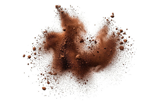 Explosion of brown cocoa powder with large and small particles flying around