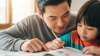 Asian dad helping child with schoolwork in bright indoor environment  