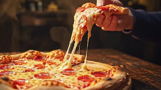Quick snack option is a single cinematic shots of pizza slice grab