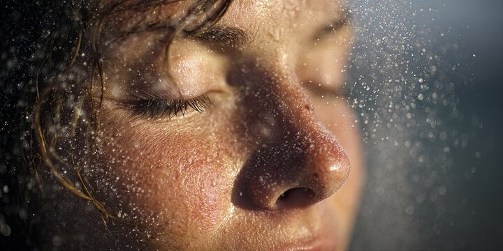 A candid, high-resolution shot of sea spray and mist on a person s face, eyes closed, conveying invigorating sensory exposure to the coast, health and freshness.