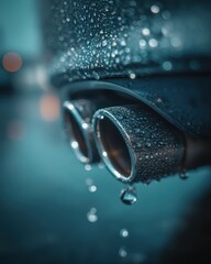 Close-up of hydrogen fuel cell vehicle tailpipe with crystal clear water droplets, bokeh background with teal tones, perfect for sustainable transportation concept. Next generation mobility.