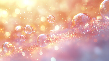 Sparkling water droplets on soft surface with warm glowing bokeh lights creating dreamy and festive atmosphere in pastel pink and golden hues