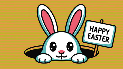 Obraz premium Cute cartoon white bunny peeking out of a hole holding a happy easter sign