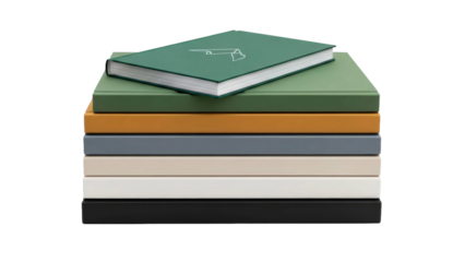 Stack of various colored hardcover books with a green book on top, cut out, stock png, isolated on transparent background