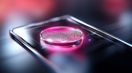 Close-up of a smartphone with a fingerprint scanner, featuring a futuristic design and neon lighting. The image highlights technology and security.