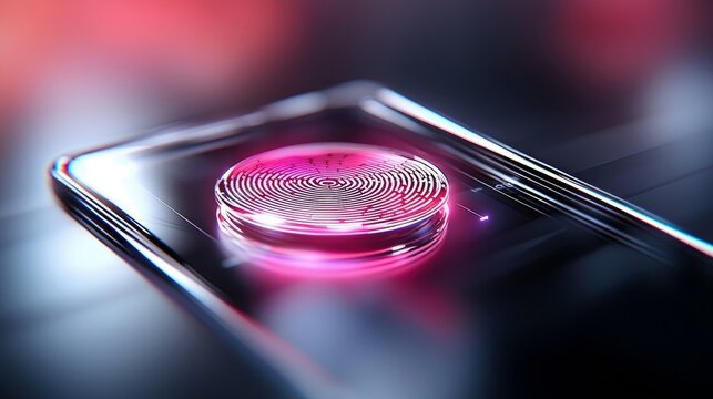Close-up of a smartphone with a fingerprint scanner, featuring a futuristic design and neon lighting. The image highlights technology and security.