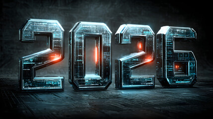 Blue 2026 Text with Digital and Futuristic Elements on Dark Technology Background