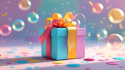 A joyful scene with a colorful gift box and playful ribbon on a pastel background with blurred confetti. Perfect for kids’ greeting cards, birthday invitations, banners