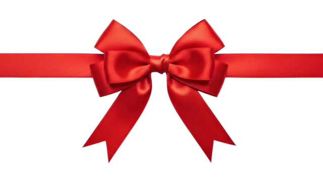 Red satin gift bow and ribbon for festive decoration or present wrapping, cut out, stock png, isolated on transparent background