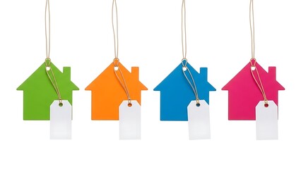 Four colorful house shaped tags hanging against a white background