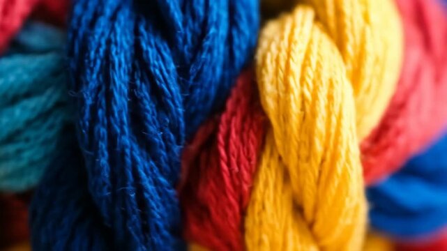 Close-up of vibrantly colored embroidery floss, with threads of blue, red, and yellow intertwined in a twisted pattern, perfect for crafting and textile art projects.