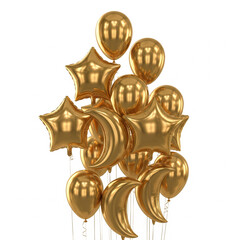 A luxurious cluster of shiny golden balloons featuring star, crescent moon, and classic round shapes, perfect for festive decorations and celebratory events, adding glamour to any special occasion