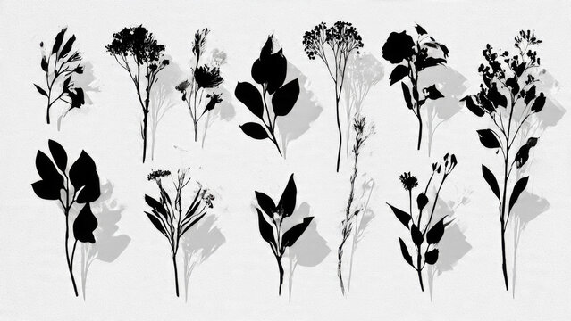 A collection of diverse black botanical silhouettes casting soft grey shadows on a textured white canvas. Elegant minimalist design for natural decor.