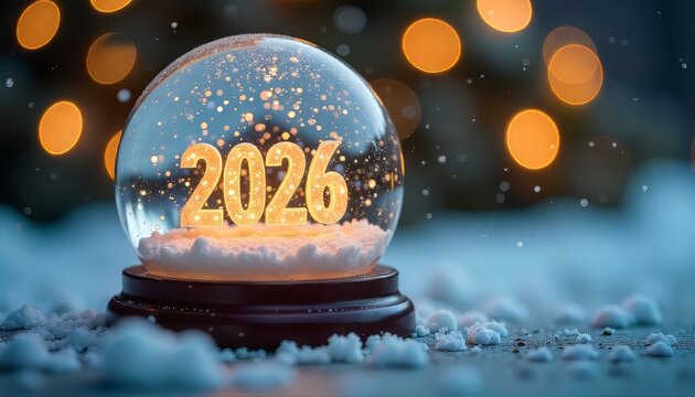 A snow globe containing the illuminated number 2026, set in snow with blurred golden background lights.