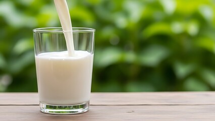 Milk being poured into a glass on a wooden table with green bokeh