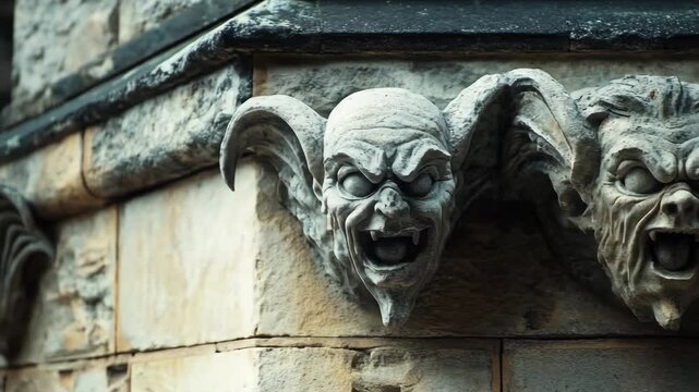 Grotesque gargoyles adorn a stone building, their devilish features evoking history and eerie architecture as stone sentinels guarding the ancient structure.