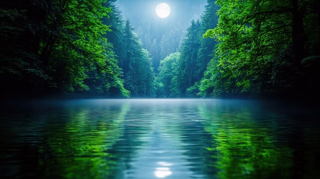 A tranquil forest lake scene at night, with lush green trees reflected in the calm water under a bright full moon.