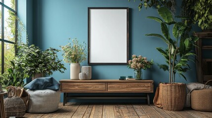 A bright room with wooden furniture, lush plants and an empty canvas frame will provide a harmonious backdrop for advertising eco-friendly residential design.