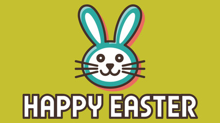 Fototapeta premium Cute cartoon bunny face with happy easter text on a yellow background for spring holiday celebrations