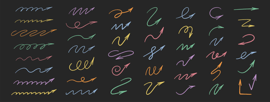 Arrow crayon hand drawn set. Color curve lines on black background. Chalk, charcoal, pastel doodle direction pointers. Pencil sketch. Grunge textured strokes, underlines. Freehand waved arrows. Vector